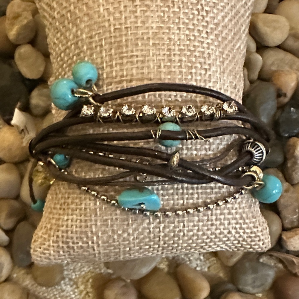 Turquoise and Brown Leather Beaded Bracelet